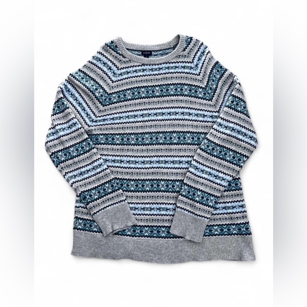 J.Crew Men’s Fair Isle Sweater Gray Blue Long Sleeve Knit Size Large Winter